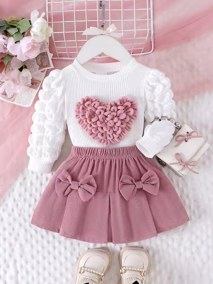 Girls' Love Heart Top & Skirt Set